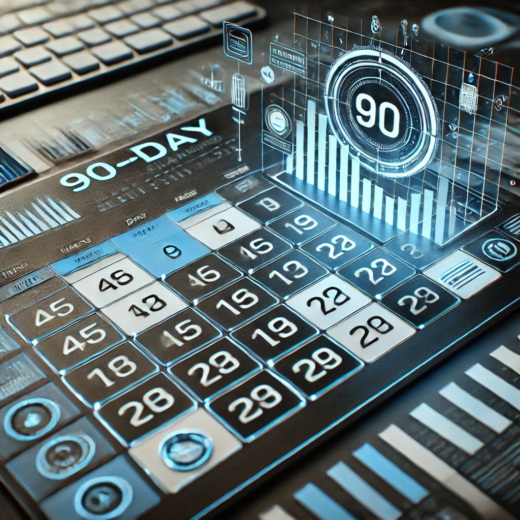 Person marking 90-day finance timeline on a calendar with financial documents, calculator, and laptop on a desk."