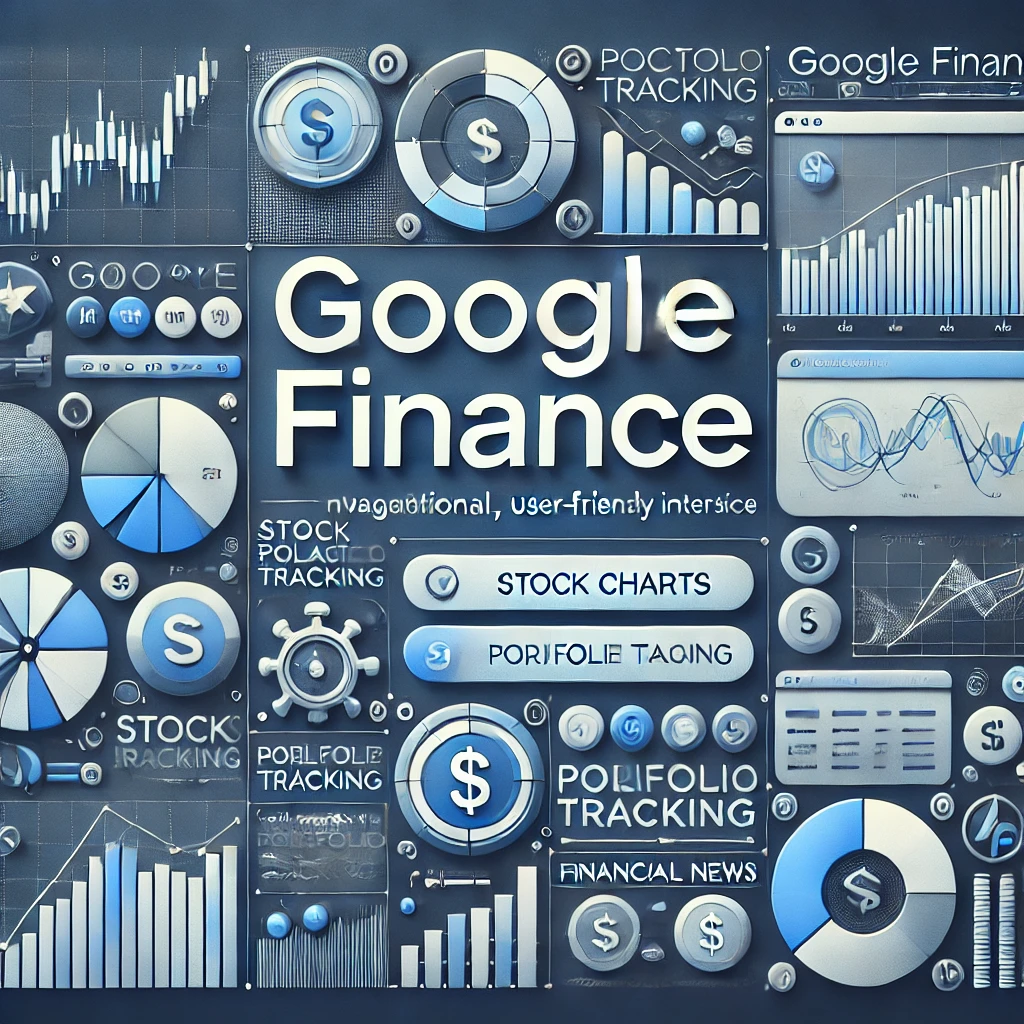 Google Finance dashboard showcasing top investment tools for 2024 with stock charts, portfolio tracking, and financial news in a sleek  blue and grey  color theme