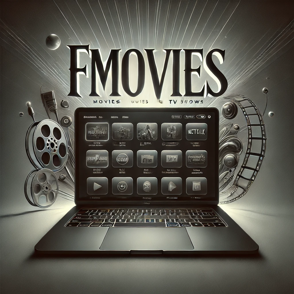 A visually striking image representing FMOVIES, featuring a sleek laptop screen displaying a cinematic interface with movies and TV shows. The title "FMOVIES" is prominently displayed in bold, glowing typography, set against a vibrant royal blue background. The design emphasizes digital streaming and modern entertainment with a clean, realistic aesthetic.