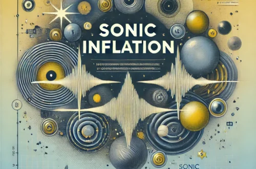 "A modern infographic illustration representing the concept of sonic inflation, featuring cosmic elements like sound waves, galaxies, and stars in mustard, blue, and grey tones, with the text 'Sonic Inflation' prominently displayed